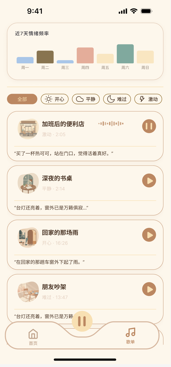 Life Soundtrack 歌单页，包含情绪筛选与已保存歌曲